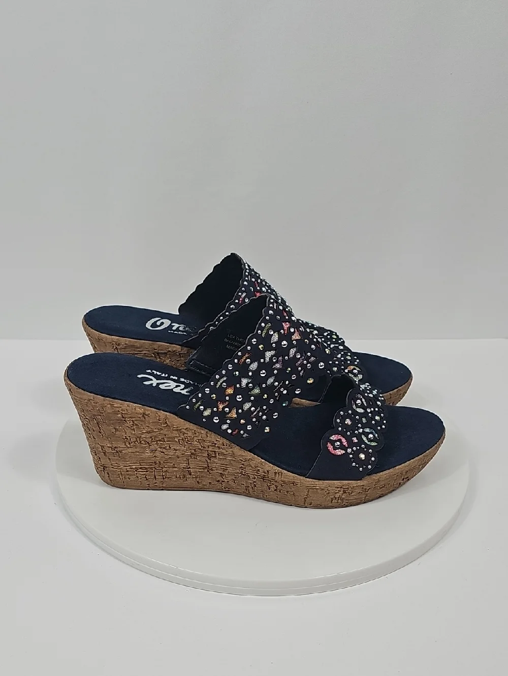 NIB Onex Oppal Beaded Cork Wedge Slides Rhinestone Laser Cut Navy Blue 9